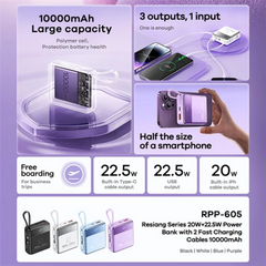 REMAX RPP-605 Resiang Series 10000mAh PD+QC Fast Charging Power Bank(PD 20W+QC 22.5W) - Purple