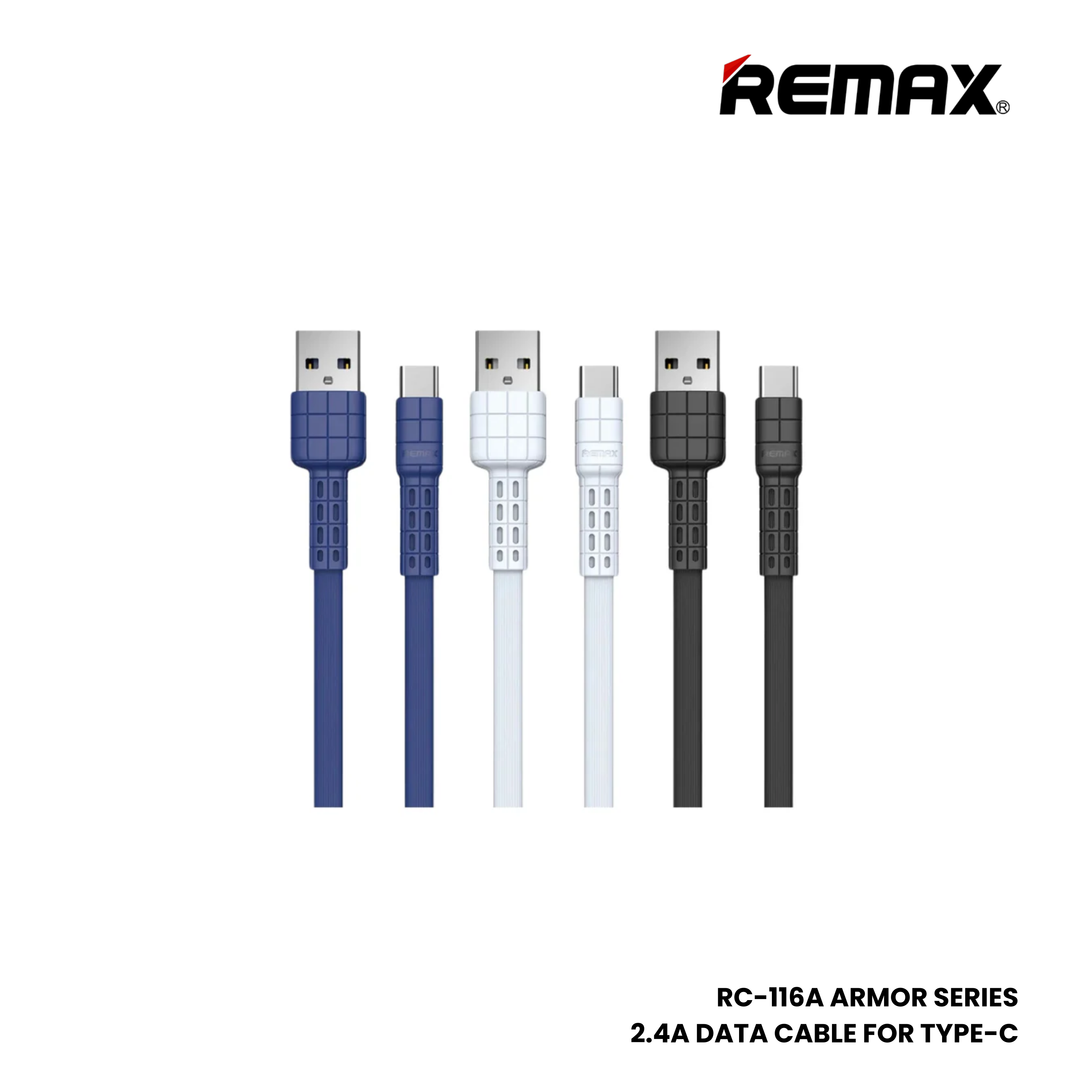 2.4A ( Type-C )-REMAX RC-116A Armor Series 2.4A USB to Type-C Charging Data Cable - Black