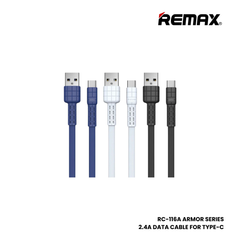 2.4A ( Type-C )-REMAX RC-116A Armor Series 2.4A USB to Type-C Charging Data Cable - Black