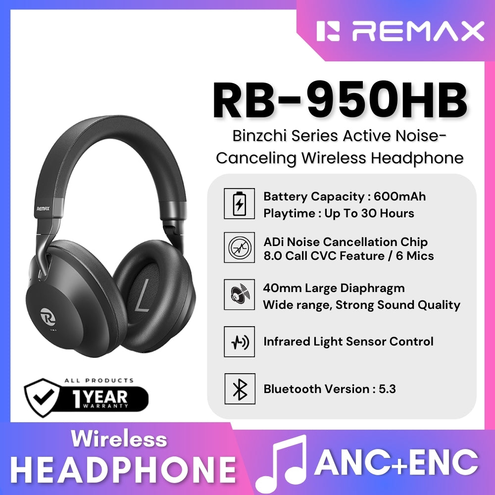REMAX RB-950HB Binzchi Series ANC Bluetooth Wireless Headphone - Black
