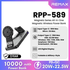 REMAX RPP-589 Magneto Series 10000mAh All-in-one Magnetic Wireless Power Bank - Grey