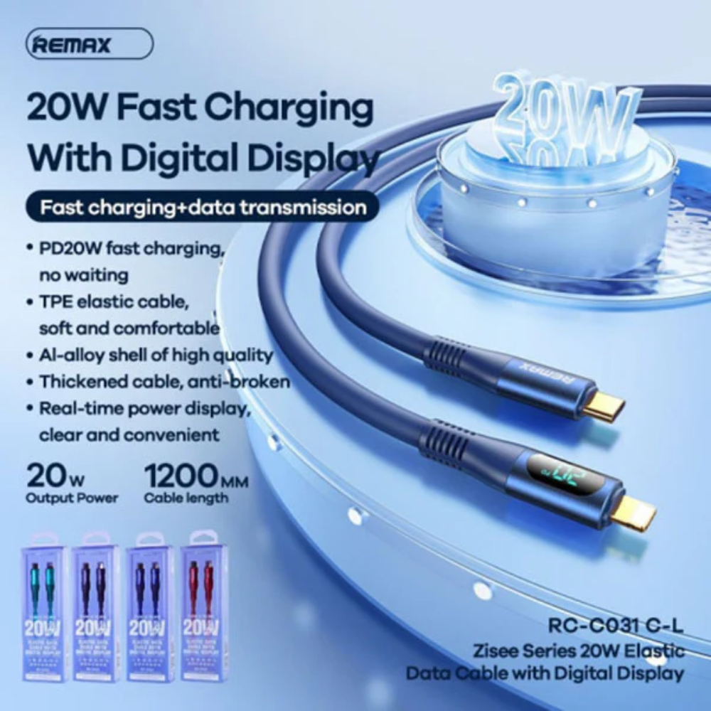 20W ( C to Lightning )-REMAX RC-C031 C-L Zisee Series 20W Type-C to Lightning Fast Charging Digital Display Charging Data Cable - Blue