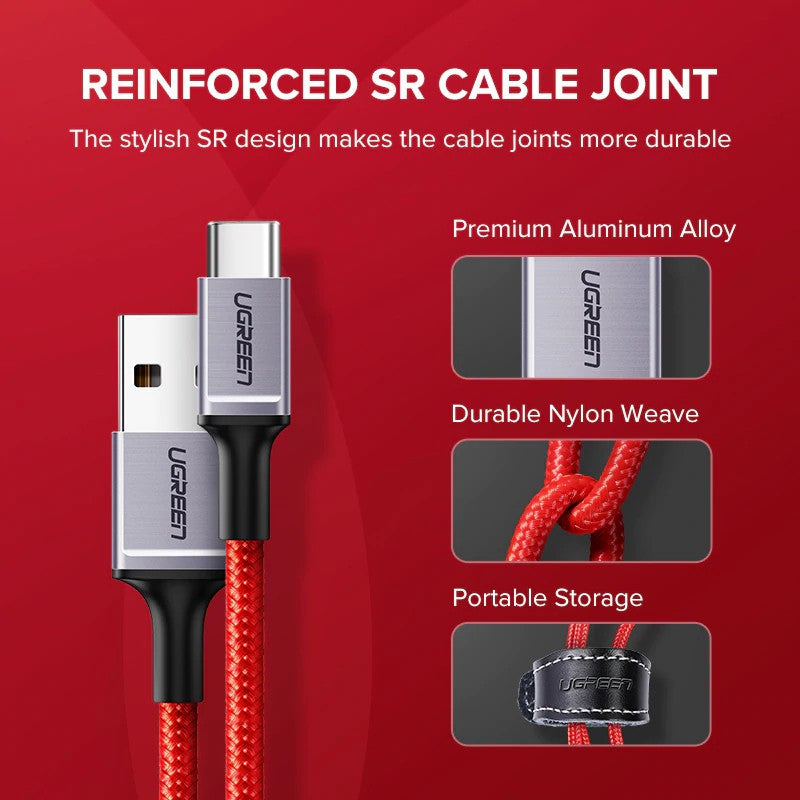 UGREEN US292 USB TO USB 2.0 TYPE.C CABLE 1M (QC3.0A) (5V2A - 480MB) (NYLON BRAID) (NICKEL PLATING ALUMINUM BRAID) - Red