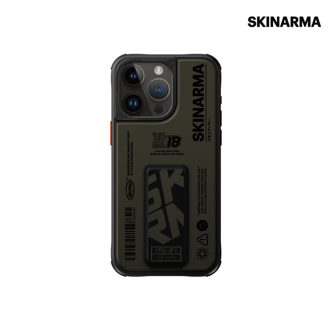 Skinarma iPhone 15 Pro 6.1" Spunk (Mag-Charge + Grip-Stand) Case (Pewter Green)