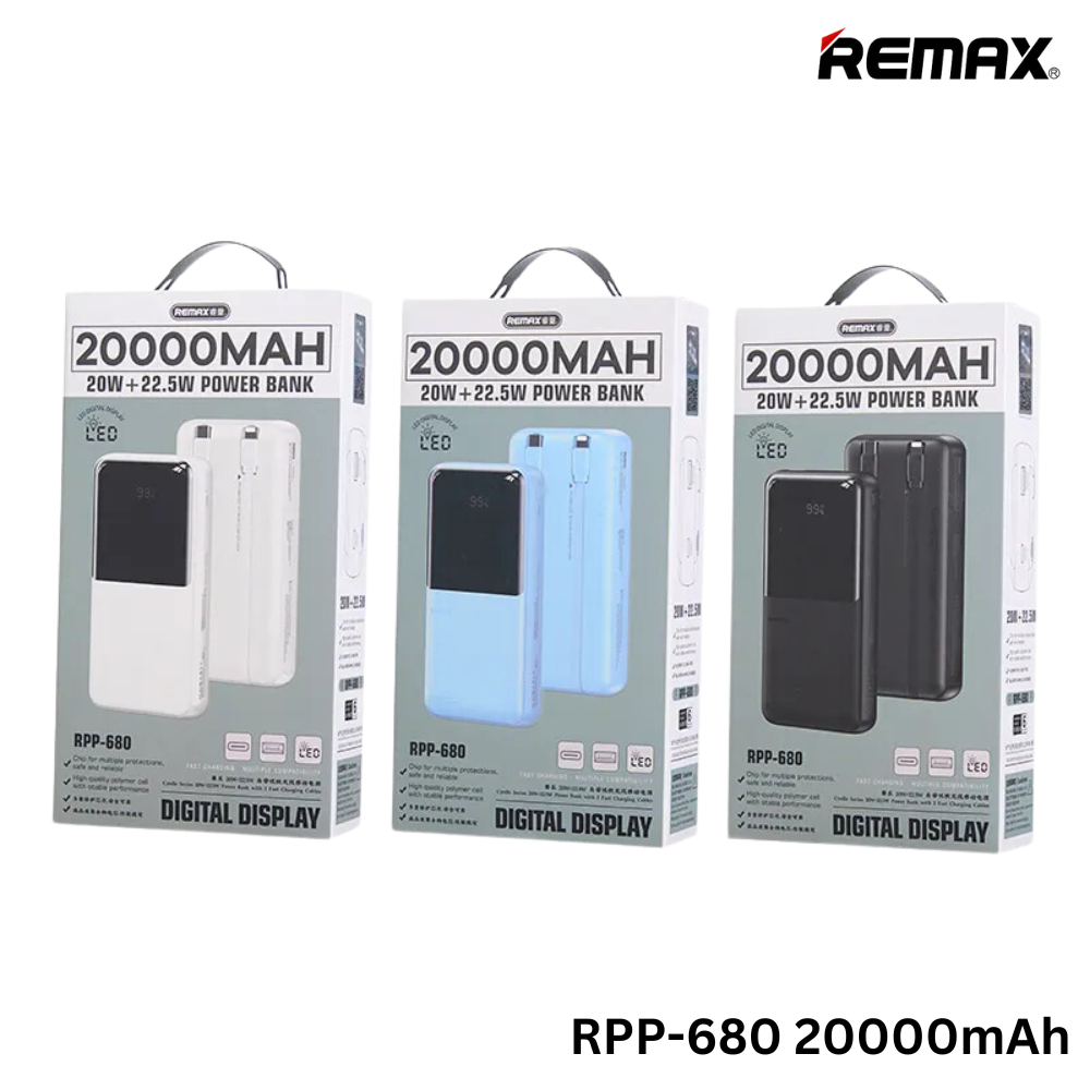 REMAX RPP-680 Cynlle Series 20W+22.5W 20000mAh Power Bank With 2 Fast Charging Cable(Black)