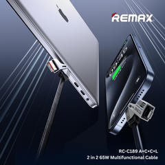 Remax RC-C189 A+C+ C+L 2-In-2 65W Multifunctional Zinc Alloy Data Cable USB+TYPE-C TO TYPE-C+IPH (1M) - Black