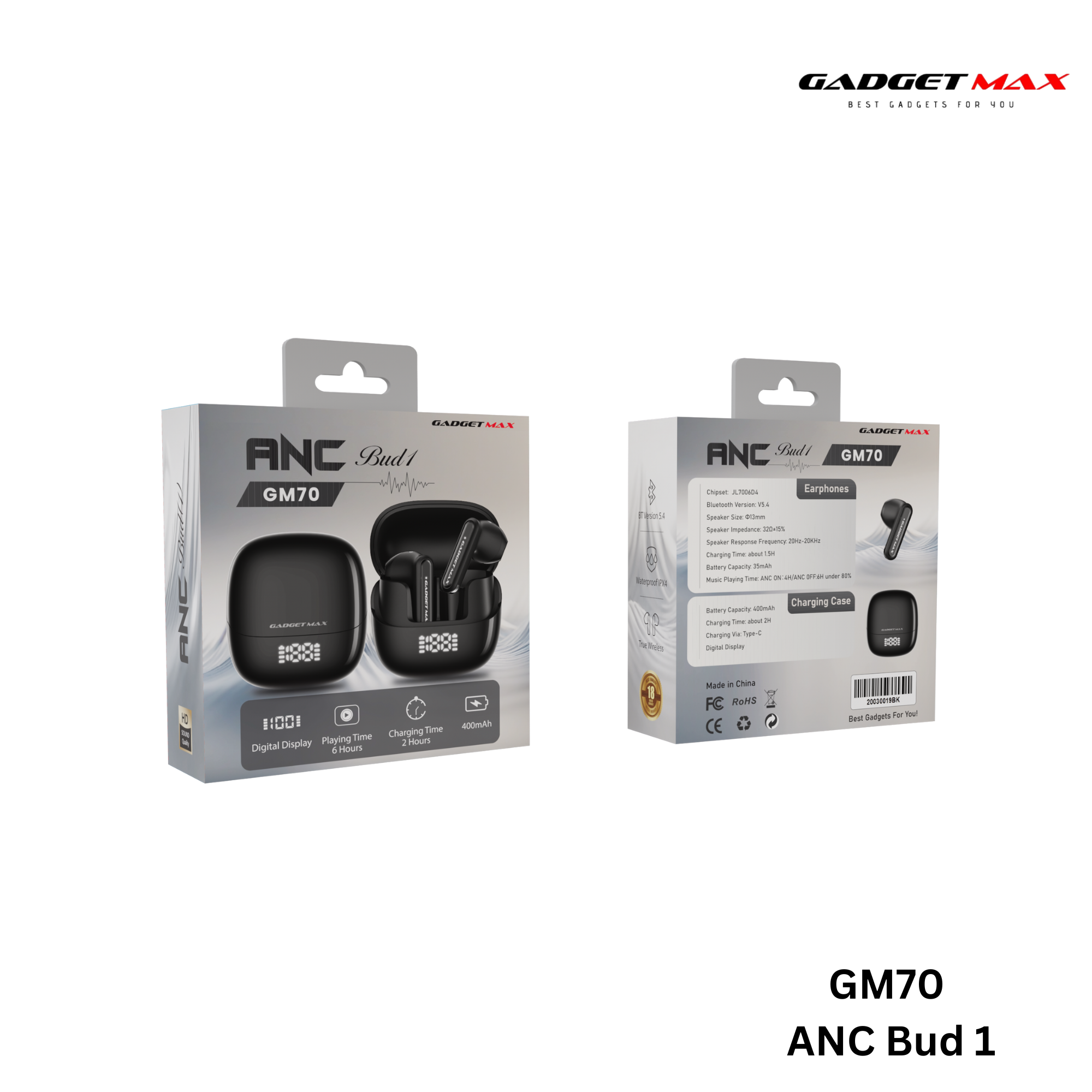 GADGET MAX - GM70 ANC BUD1 Active Noise Cancellation Bluetooth Wireless Earbuds - Black