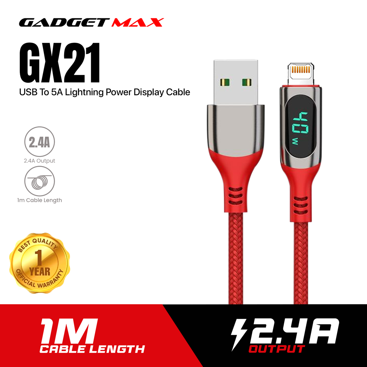 GADGET MAX GX21 USB TO LIGHTNING POWER DISPLAY CABLE (1M)(2.4A) - RED