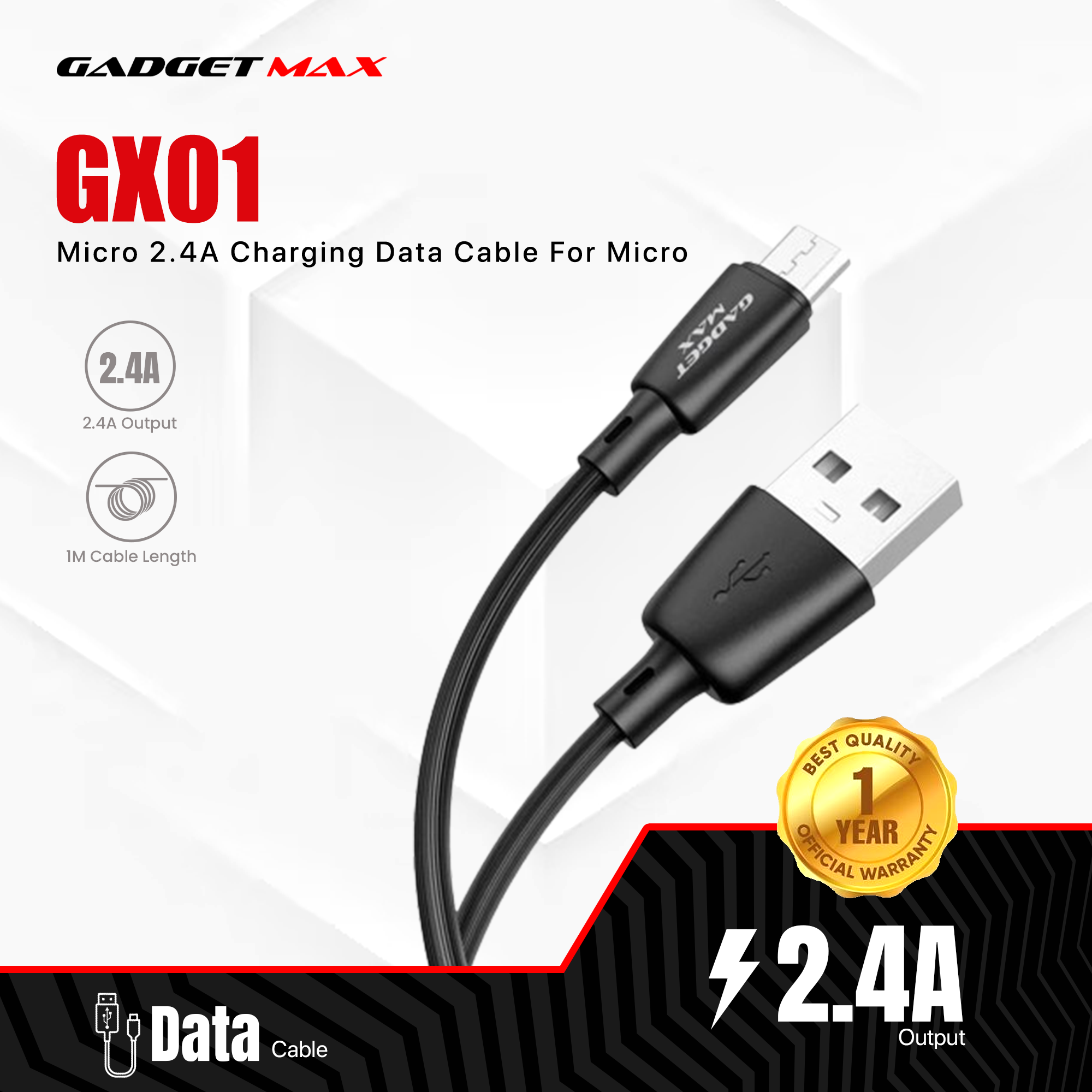 GADGET MAX GX01 MICRO 2.4A CHARGING DATA CABLE FOR MICRO (2.4A)(1M), Micro Cable, Data Cable, Charging Cable, Android Cable