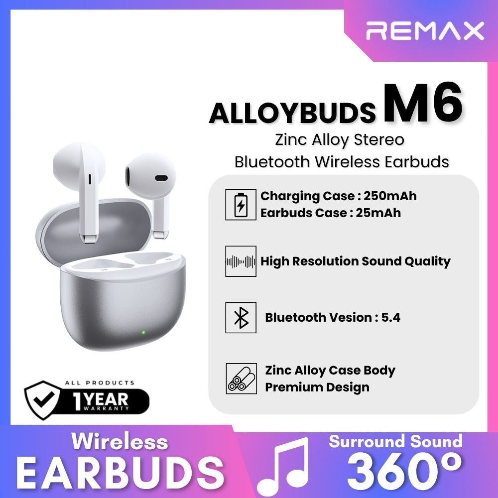 REMAX - ALLOYBUDS M6 Zinc Alloy Bluetooth Wireless Earbuds - Silver