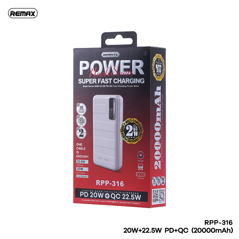 Remax RPP-316 20000mAh Noah Series PD20W+QC22.5W Fast Charging Power Bank-Blue