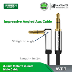 UGREEN (AV119) 3.5mm Male to 3.5mm Male Elbow Audio Connector Adapter Cable Gold-plated Port Car AUX Audio Cable - 5M