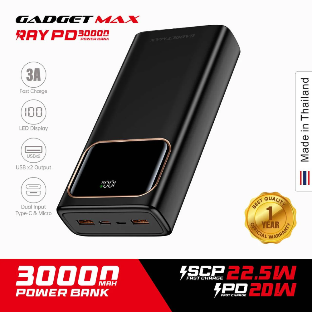 GADGET MAX RAY PD Series 30000mAh PD+QC Fast Charging Power Bank(PD 20W+QC 22.5W) - Black