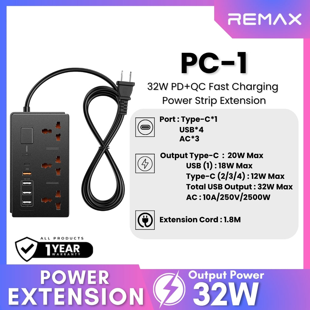 REMAX - PC-1 PD+QC Fast Charging Power Strip (32W) - Black