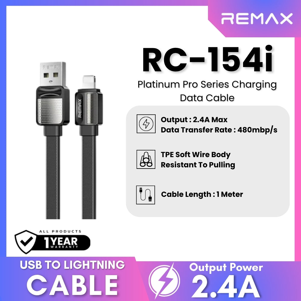 REMAX RC-154i Platinum Pro Series USB to Lightning Charging Data Cable (2.4A) - Black