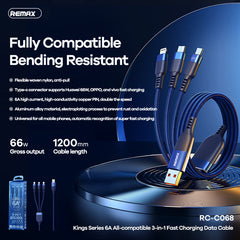 REMAX RC-C068 Kings Series 6A All-Compatible 3 in 1 Fast Charging Cable For Micro, Type-C , iPhone(1.2M)