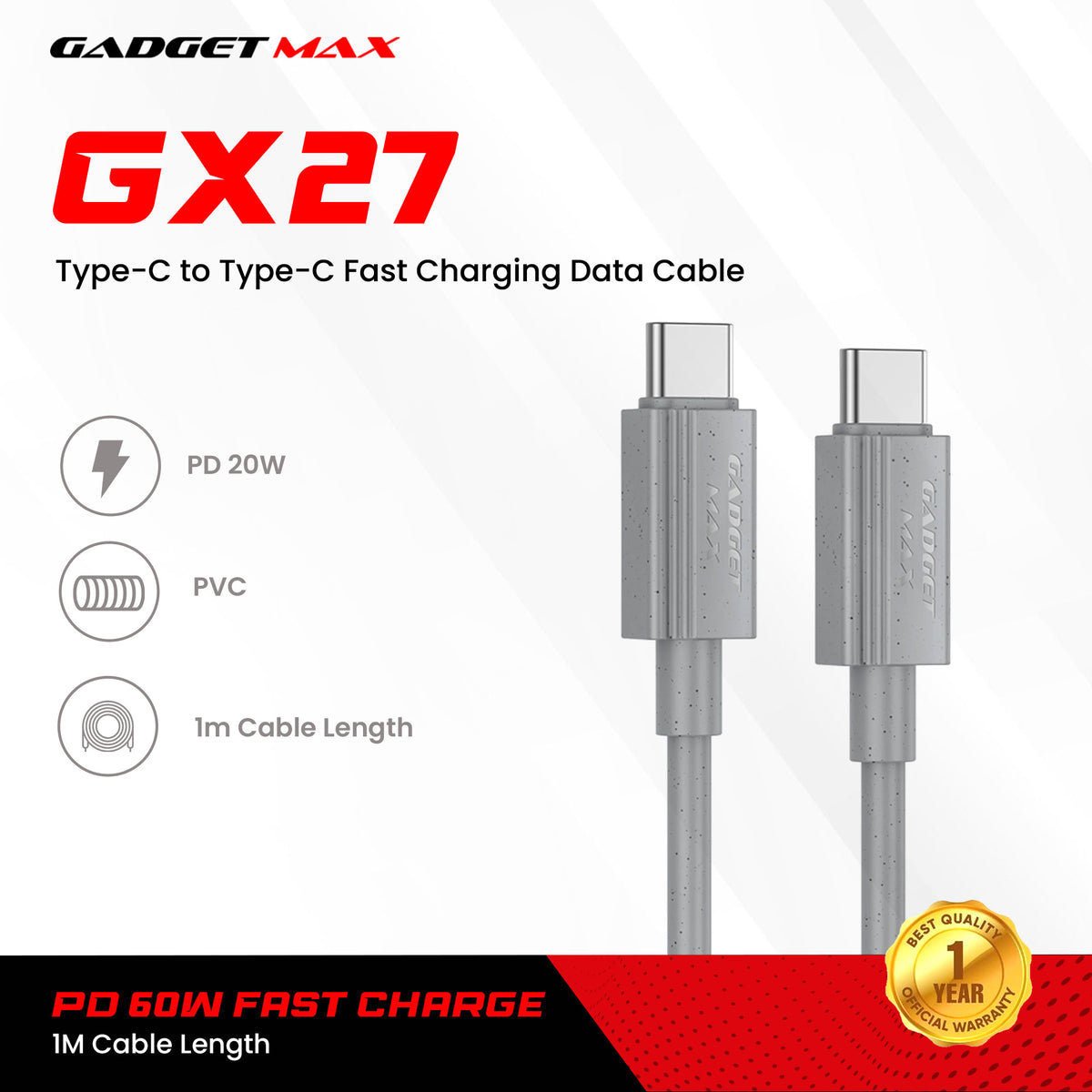 GADGET MAX - GX27 C-C TPE Series Type-C To Type-C Fast Charging Data Cable (60W) - Grey