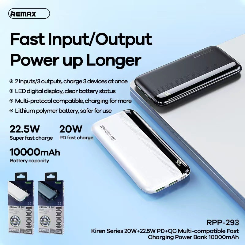 REMAX RPP-293 10000mAh KIREN SERIES 20W+22.5W QC+PD FAST CHARGING POWER BANK (OUTPUT-2USB/INPUT-MICRO)(TYPE-C IN/OUT), 10000mAh Power Bank, PD+QC Power Bank, 22.5W Power Bank-White