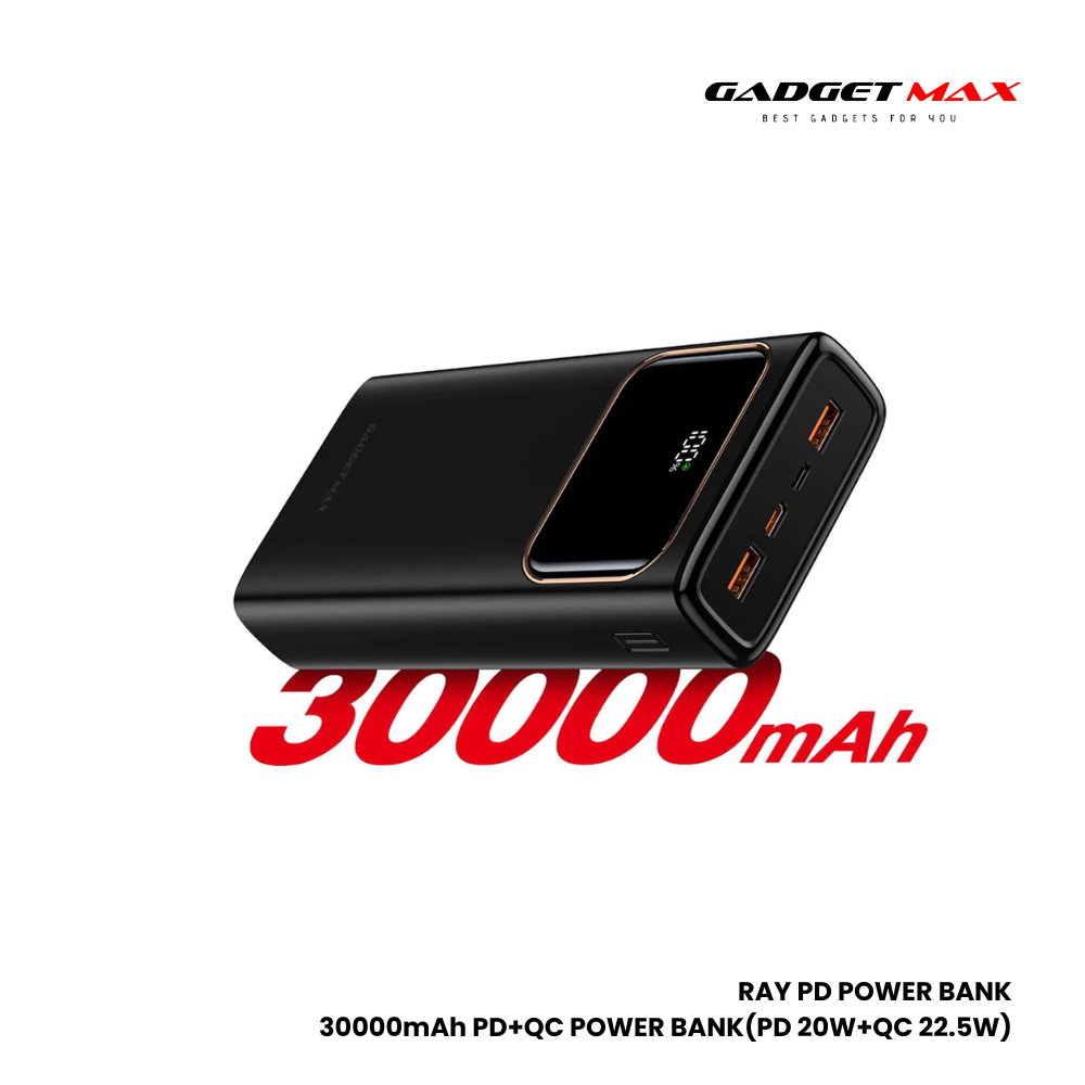 GADGET MAX RAY PD Series 30000mAh PD+QC Fast Charging Power Bank(PD 20W+QC 22.5W) - Black