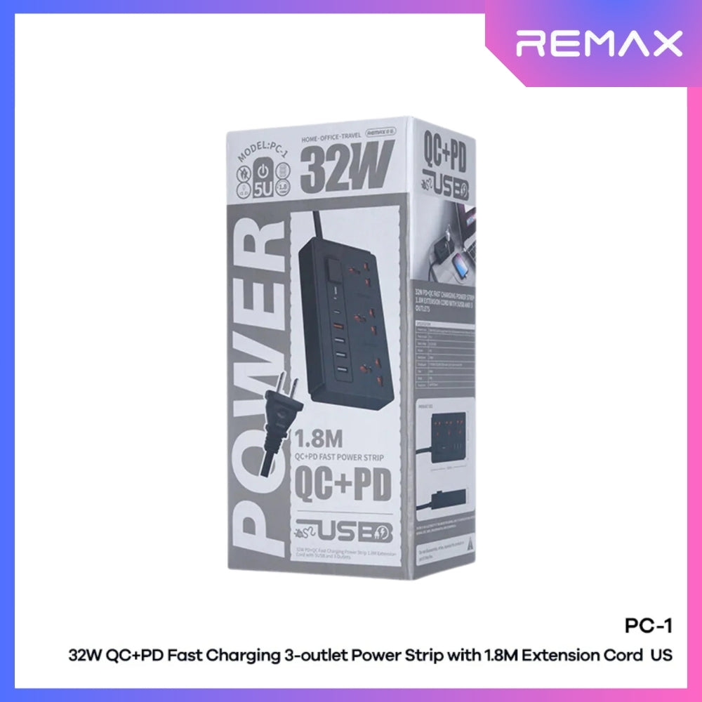 REMAX - PC-1 PD+QC Fast Charging Power Strip (32W) - Black