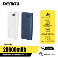 Remax RPP-292 20000mAh 20W PD+22.5W QC Gallop Series Power Bank - Blue