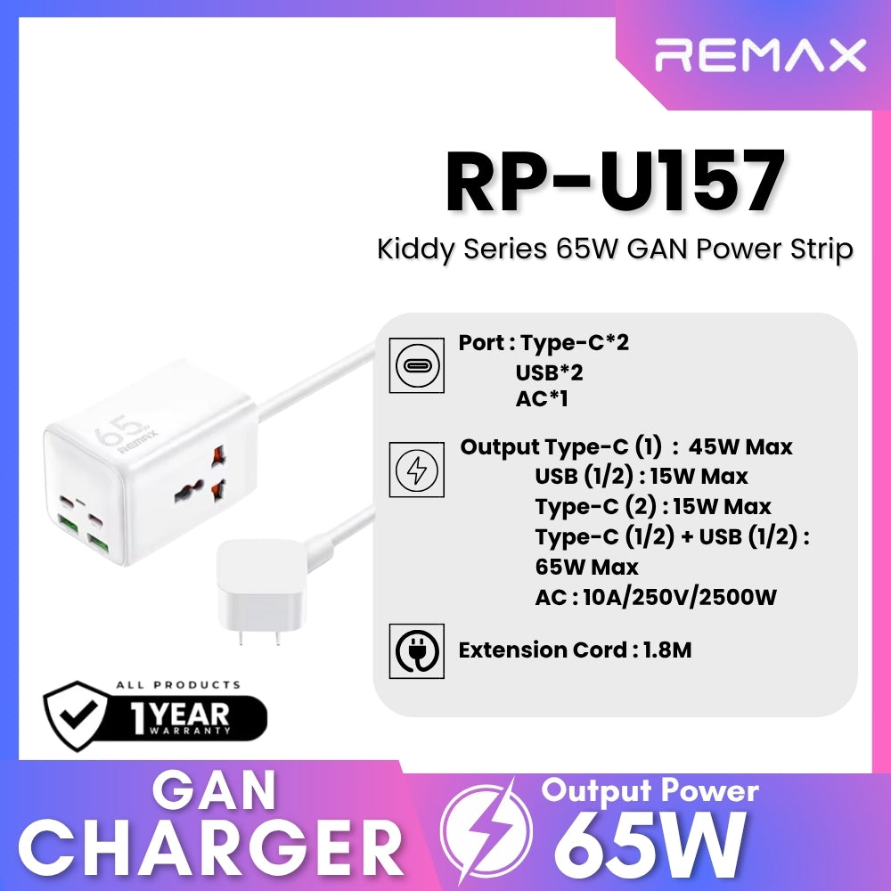 REMAX - RP-U157 Kiddy Series GAN Power Strip (65W) - White