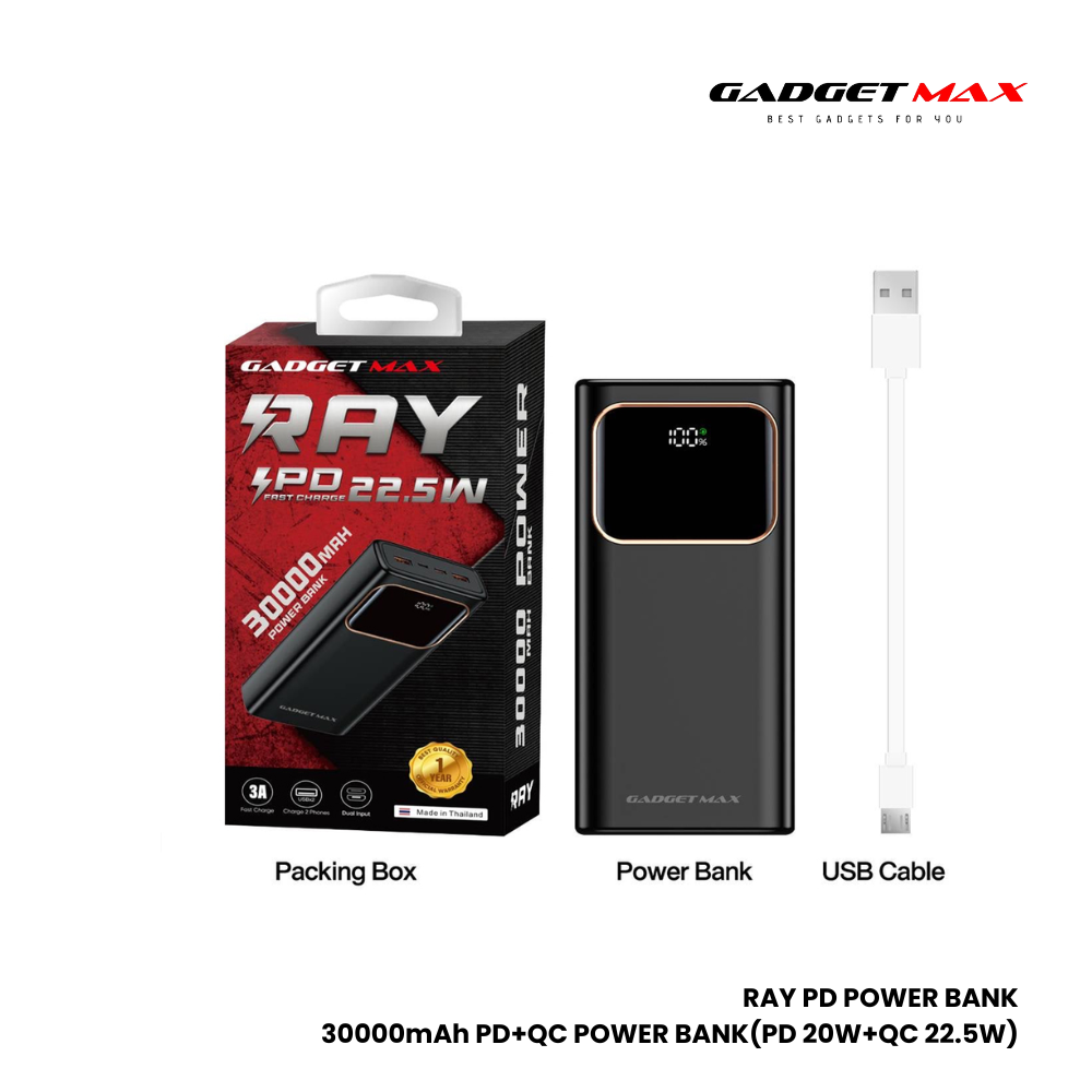 GADGET MAX RAY PD Series 30000mAh PD+QC Fast Charging Power Bank(PD 20W+QC 22.5W) - Black