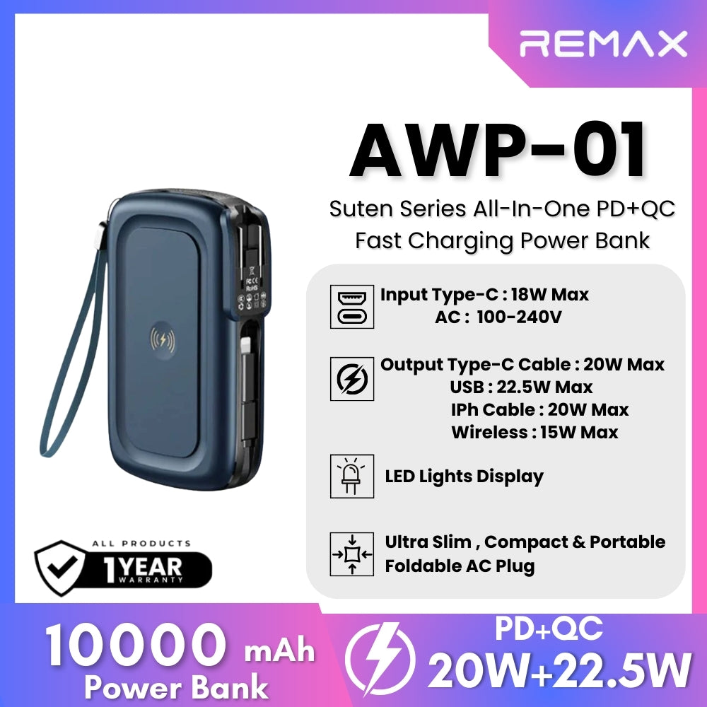 REMAX AWP-01 Suten Series 10000mAh All-in-one PD+QC Magnetic Wireless Power Bank(PD 20W+QC 22.5W)- Blue