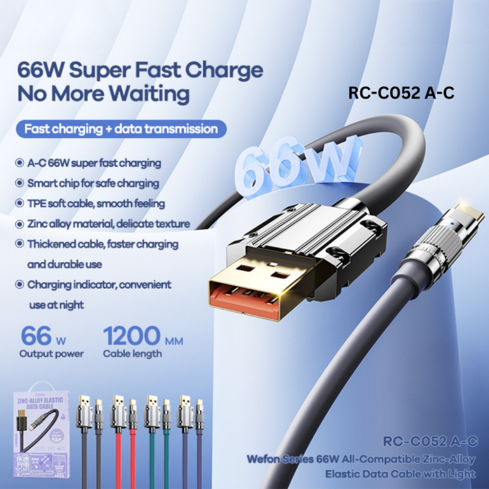 66W ( Type-C )-REMAX RC-C052A Wefon Series 66W USB to Type-C Fast Charging Data Cable- Blue