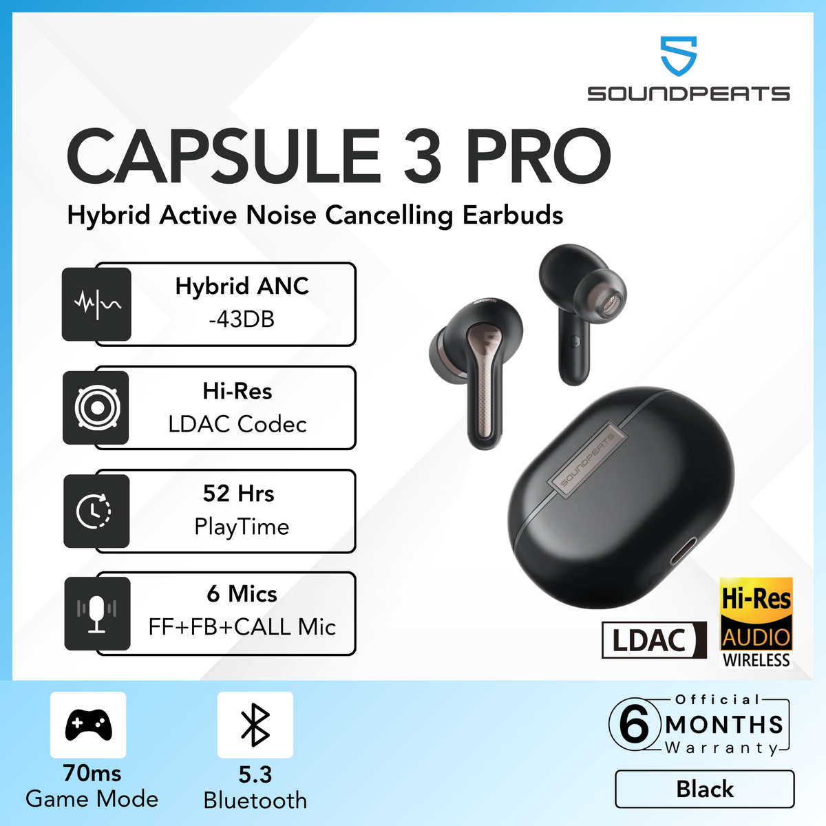 SOUNDPEATS - Capsule 3 Pro Powerful Hybrid ANC Bluetooth Wireless Earbuds - Black