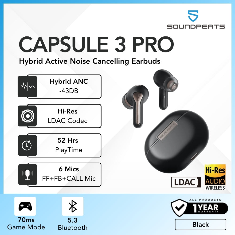SOUNDPEATS - Capsule 3 Pro Powerful Hybrid ANC Bluetooth Wireless Earbuds - Black
