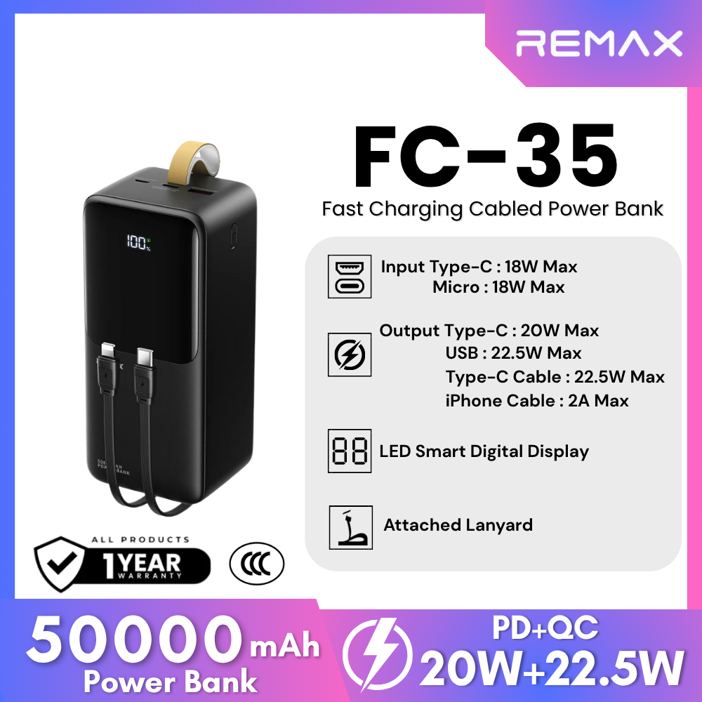 REMAX - FC-35 50000mAh Cynlle Series 22.5W Fast Charging Cabled Power Bank - Black