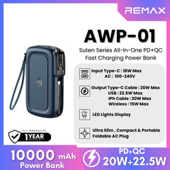 REMAX AWP-01 Suten Series 10000mAh All-in-one PD+QC Magnetic Wireless Power Bank(PD 20W+QC 22.5W)- Blue