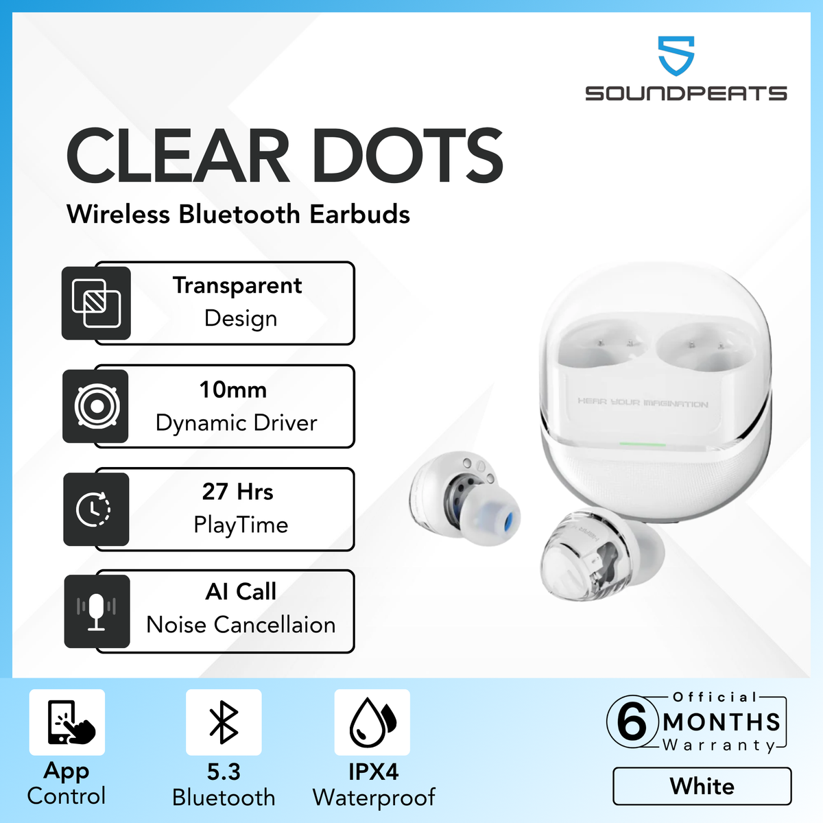 SOUNDPEATS - Clear Dot Bluetooth Wireless Earbuds - White