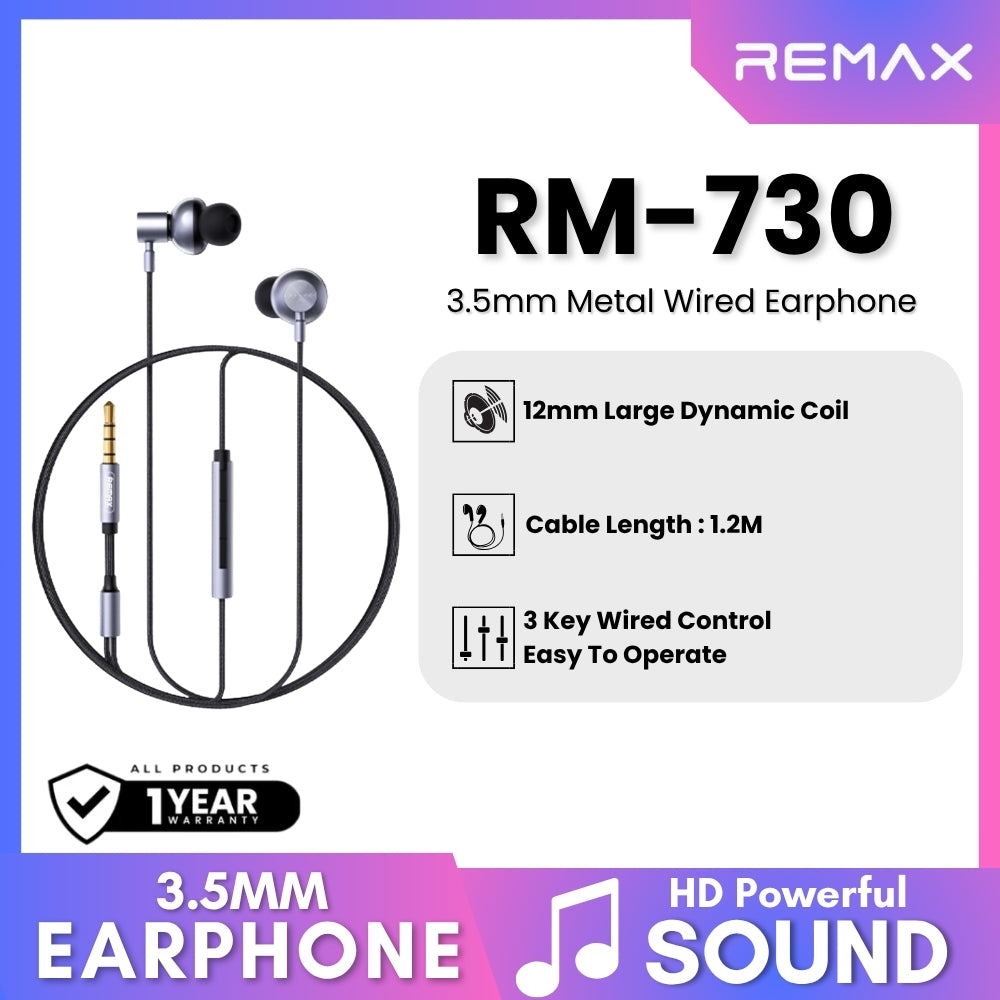 REMAX - RM-730 3.5mm Metal Wired Earphone - Grey