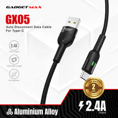 GADGET MAX GX05 TYPE-C 2.4A AUTO DISCONNECT DATA CABLE FOR TYPE-C (2.4A)(1.2M) - BLACK
