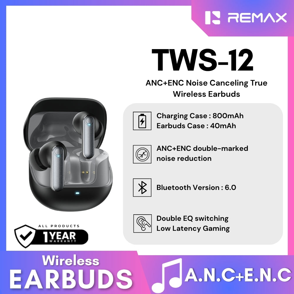 REMAX - TWS-12 ANC+ENC Noise Canceling True Wireless Earbuds - Black