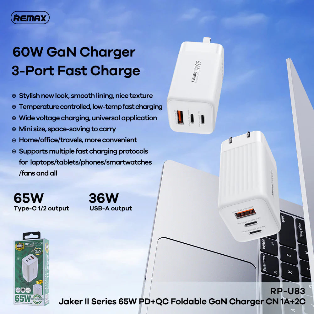 REMAX RP-U83 JAKER II SERIES 65W PD+QC GAN FOLDABLE CHARGER CN ( 1USB / 2TYPE-C ), 65W GAN Charger, PD+QC Charger