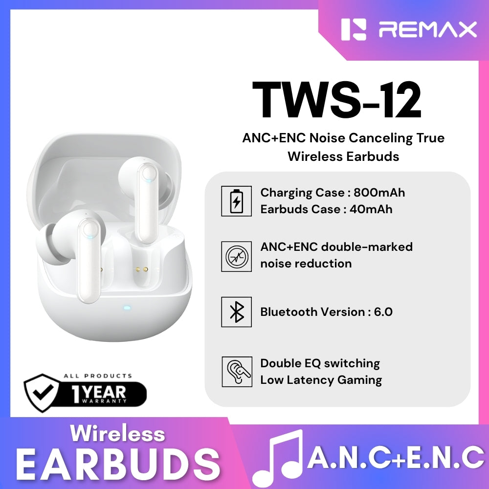 REMAX - TWS-12 ANC+ENC Noise Canceling True Wireless Earbuds - White