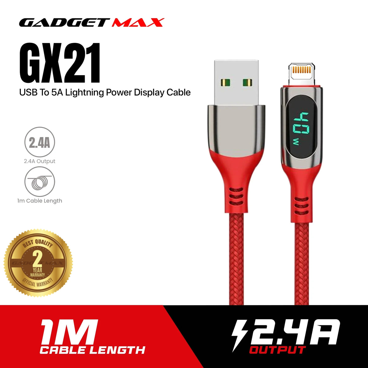 GADGET MAX GX21 USB TO LIGHTNING POWER DISPLAY CABLE (1M)(2.4A) - RED