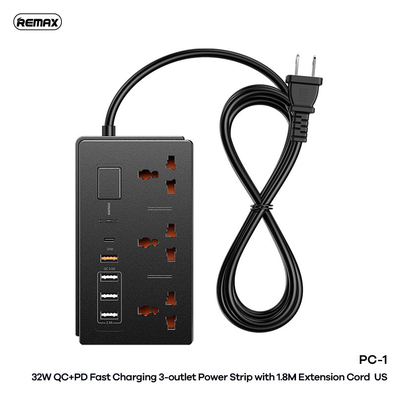 REMAX PC-1 32W PD+QC FAST CHARGING POWER STRIP 1.8M EXTENSION CORD WITH 5USB AND 3 OUTLETS