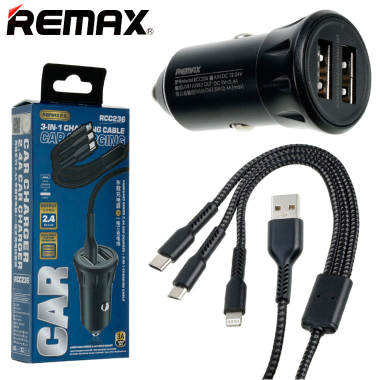 REMAX RCC236 VANGUARD SERIES 2.4A CAR CHARGER+3 IN 1 CHARGING CABLE (2.4A) (2USB), 3 in 1 Cable, Charging Cable with Car Charger, Car Charger