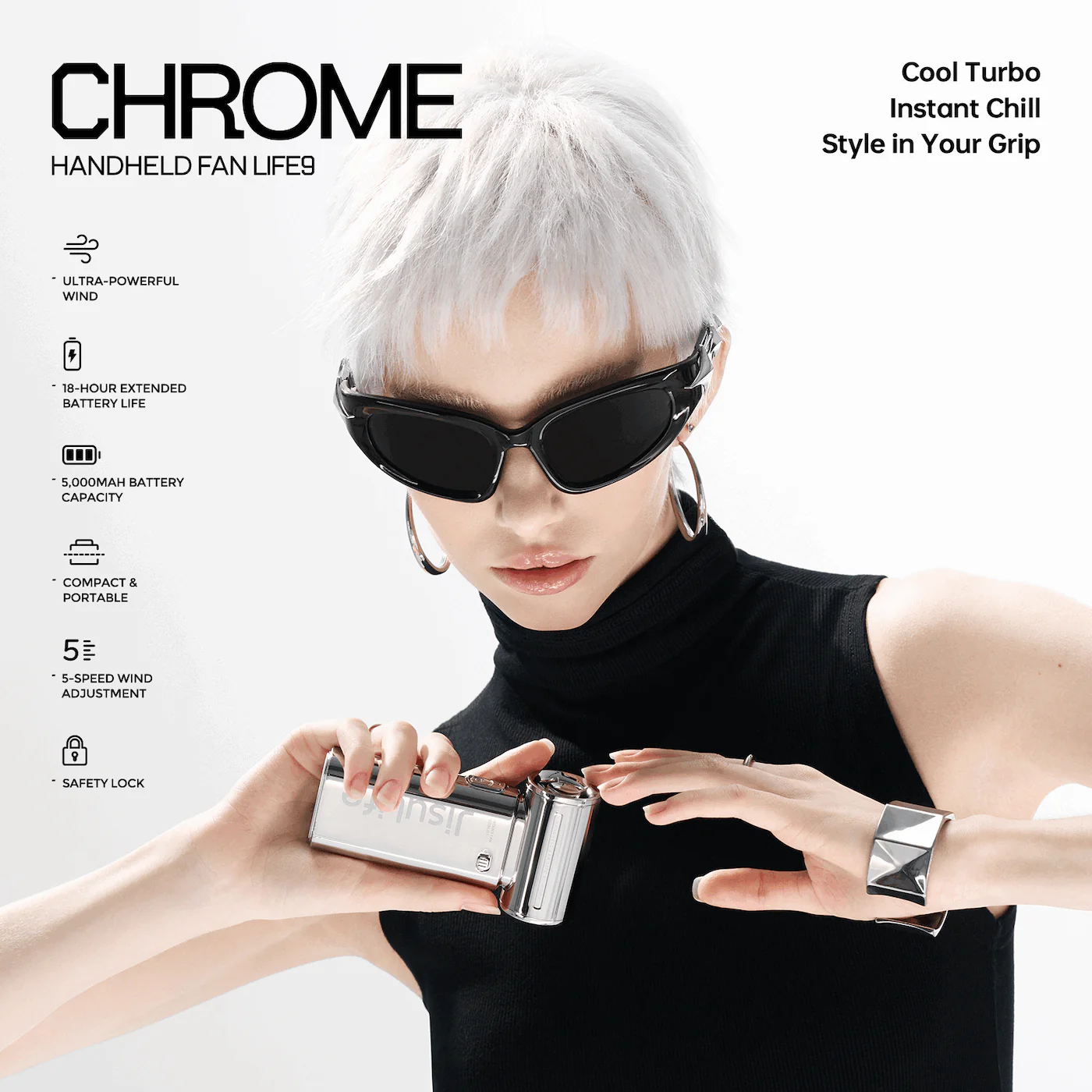 Jisulife - Handheld Fan Life 9 ( 5000mAh ) - Chrome