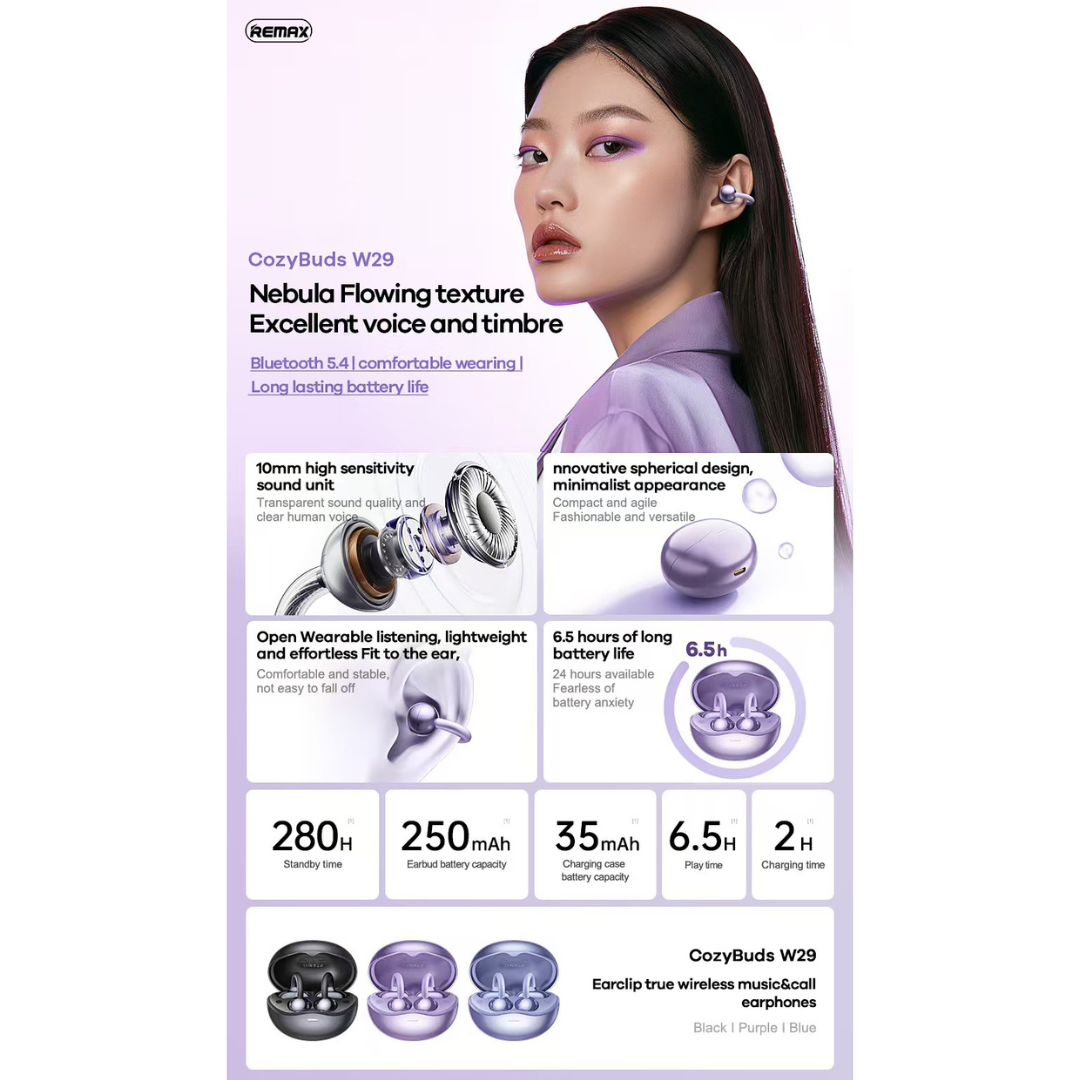 REMAX - Cozybuds W29 Clip-On Bluetooth Wireless Earbuds - Blue