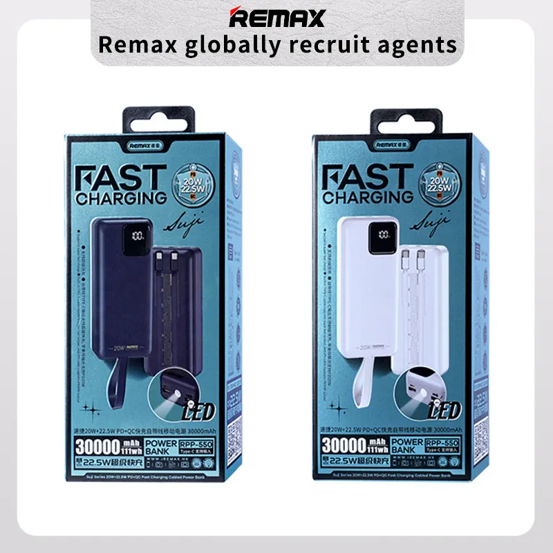 REMAX RPP-550 30000mAh SUJI SERIES PD 20W+QC 22.5W Fast Charging CABLE POWER BANK-Blue