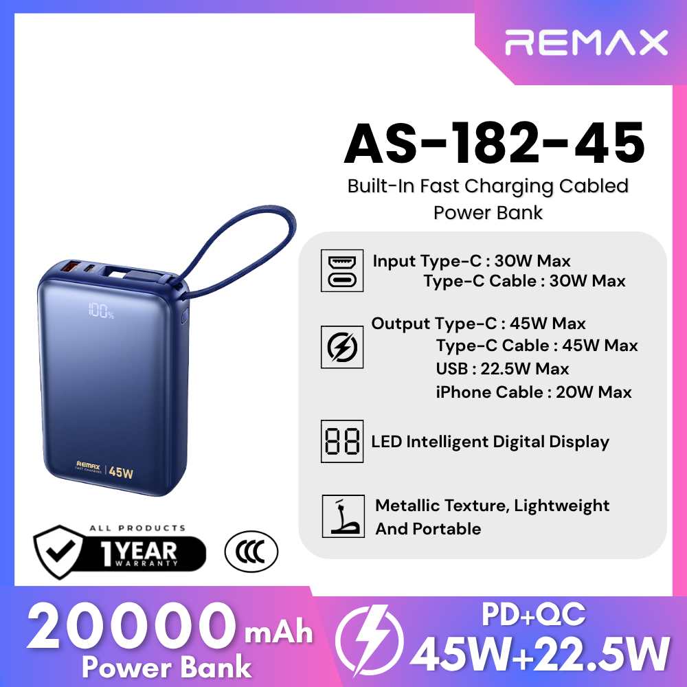 REMAX - AS-182-45 20000mAh 45W Built-In Fast Charging Cabled Power Bank - Blue
