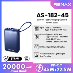 REMAX - AS-182-45 20000mAh 45W Built-In Fast Charging Cabled Power Bank - Blue