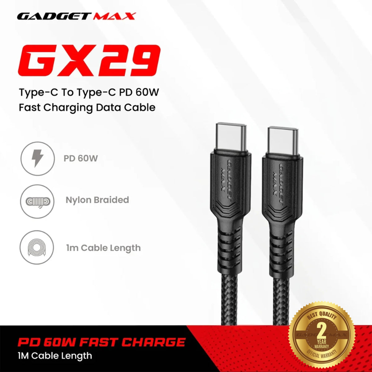 GADGET MAX - GX29 C-C Woven Series Type-C To Type-C Fast Charging Data Cable (60W) - Grey