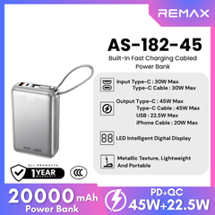 REMAX - AS-182-45 20000mAh 45W Built-In Fast Charging Cabled Power Bank - Silver