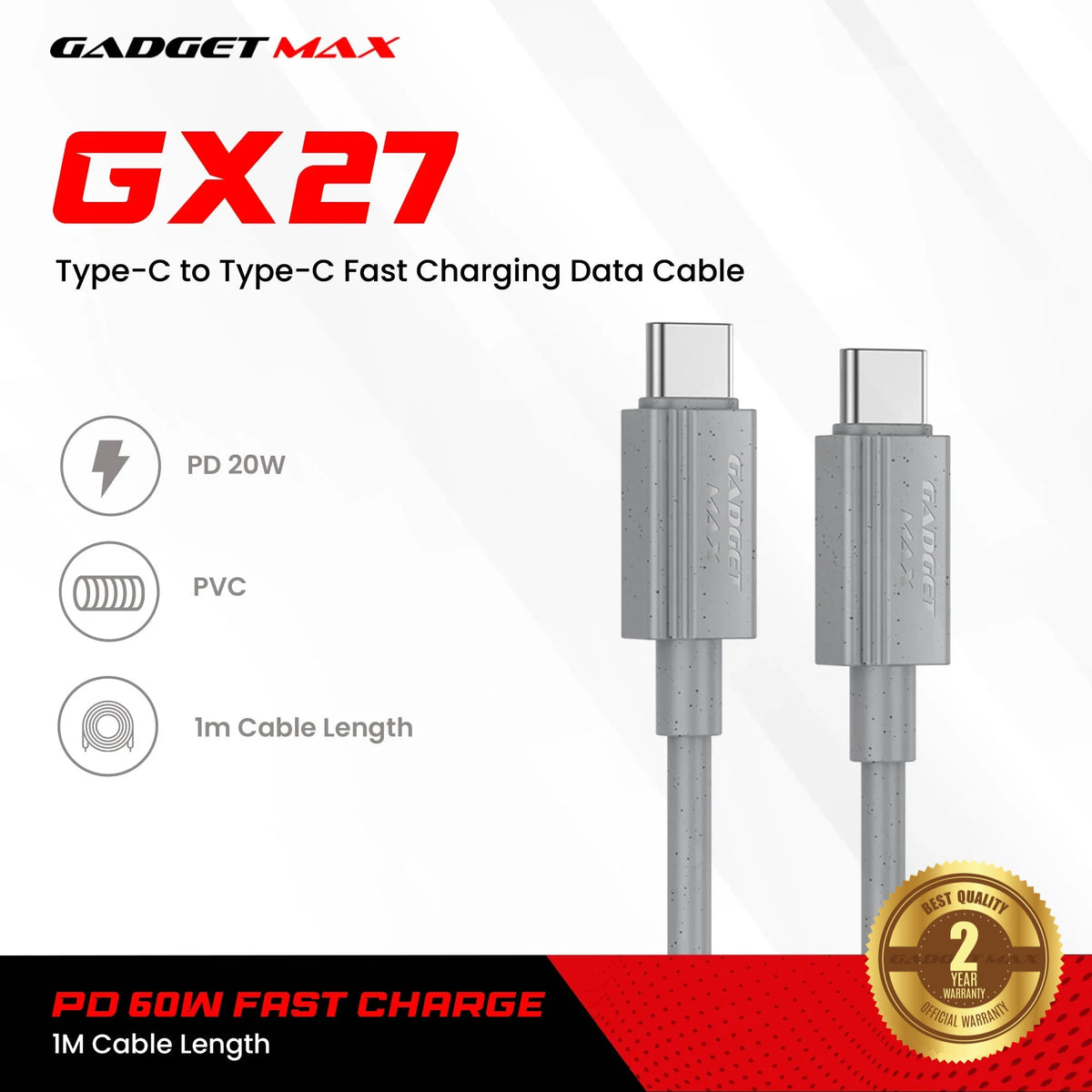 GADGET MAX - GX27 C-C TPE Series Type-C To Type-C Fast Charging Data Cable (60W) - Grey